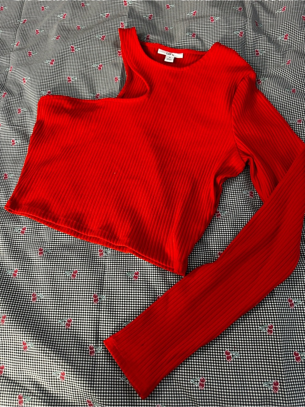 Bar III Red Ribbed One-Shoulder Long Sleeve Top